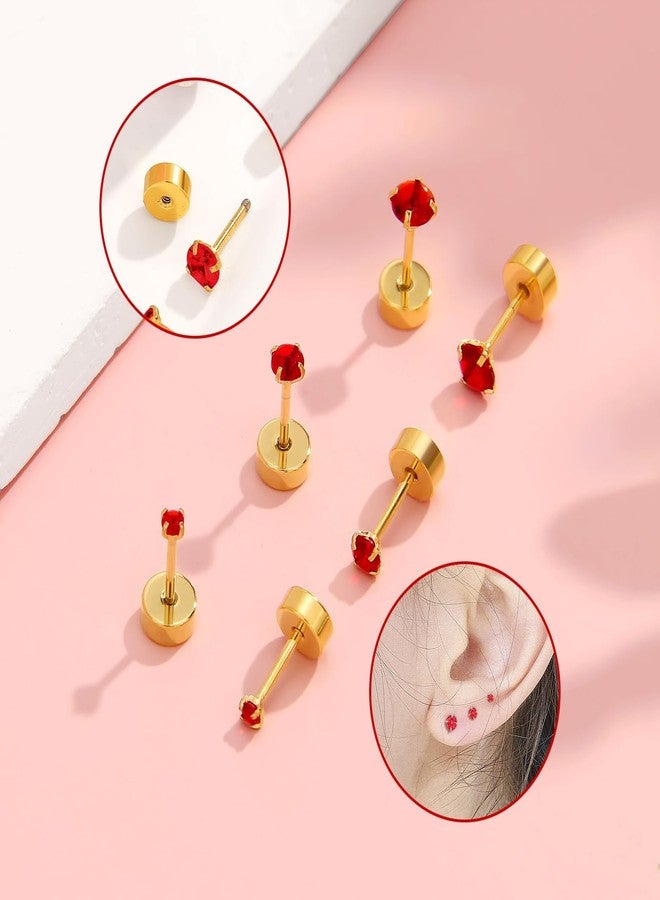 Renkovte Small CZ Stud Flatback Earrings for Women,Dainty Flat Screw Back Cartilage Earring Stud,Helix Conch Tragus Piercing Jewelry,Tiny Cubic Zirconia Studs Hypoallergenic (4mm Gold, Red CZ) - Image 4
